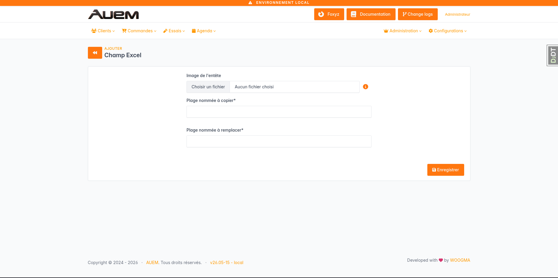 Page de création de l'entête Cofrac
